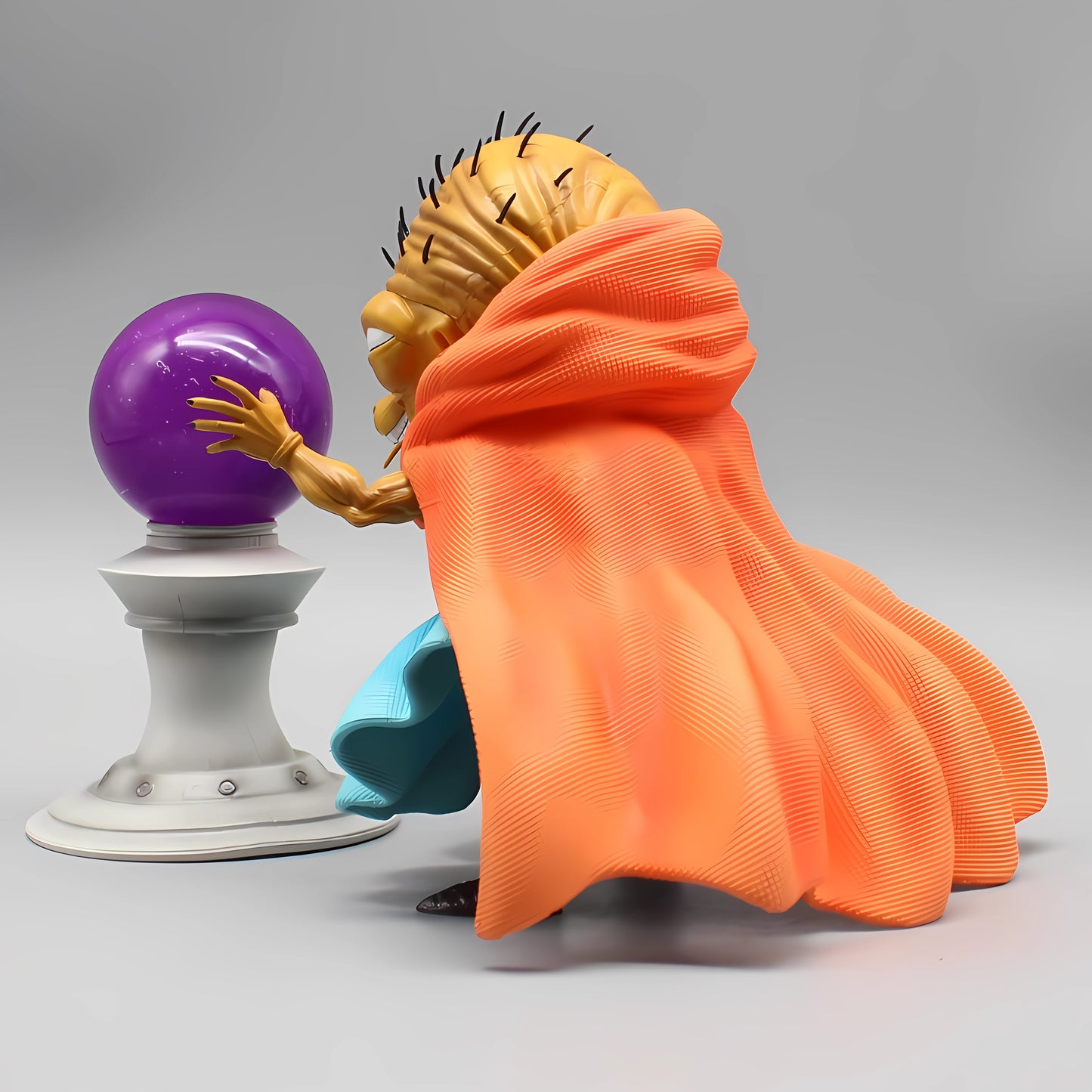 Side profile of the Babidi Dragon Ball figure, cloaked in his vibrant orange robe, reaching for a purple crystal ball, a unique piece for Dragon Ball collectibles.