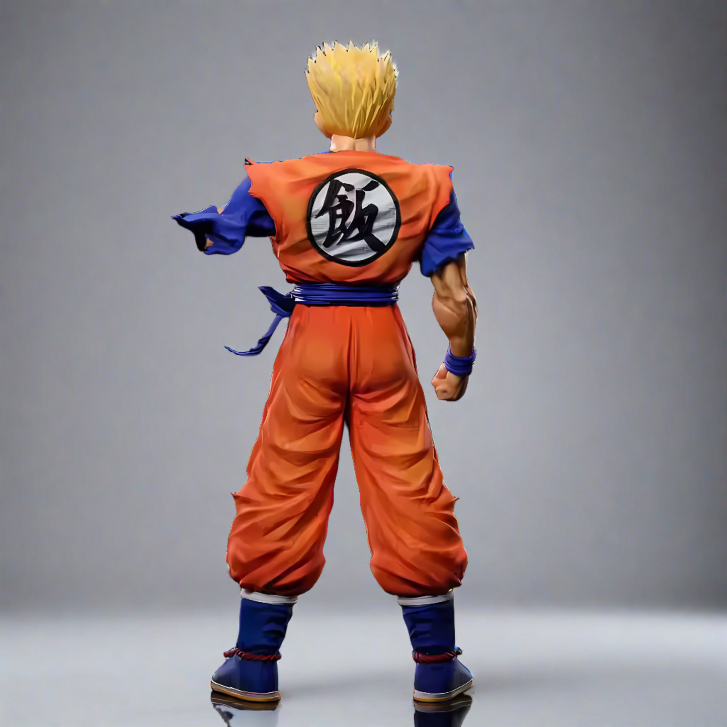 Rear view of the Dragon Ball collectible figures of Super Saiyan Gohan, highlighting the meticulous detail of the character's costume and fiery aura.