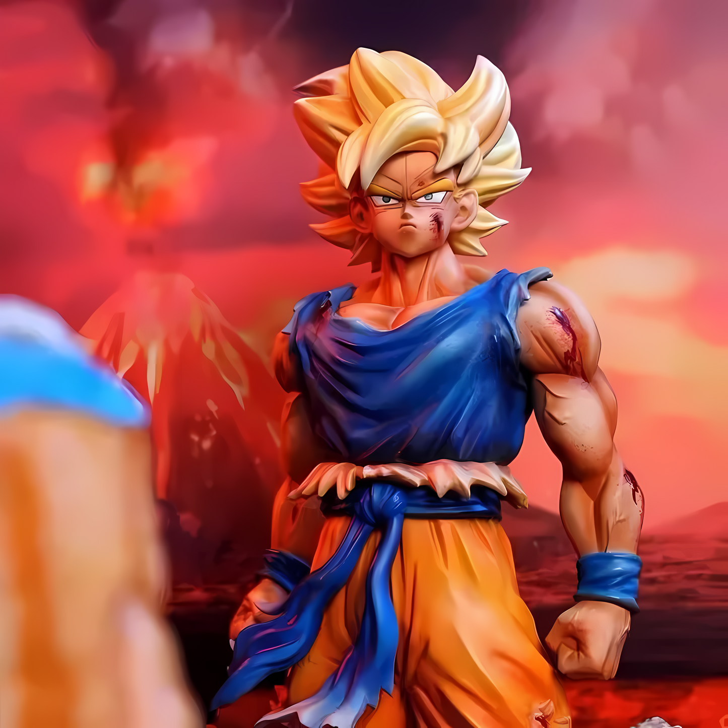 Detailed shot of Super Saiyan Goku from the Dragon Ball figure set, showing intense focus and battle damage, with a fiery, tempestuous backdrop.