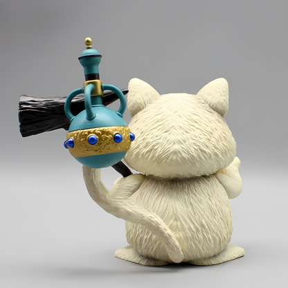Rear view of 'Guardian's Wisdom Karin' collectible, showing the cat grasping a magical staff, with a detailed teal teapot, symbolizing the character's role as a sage.