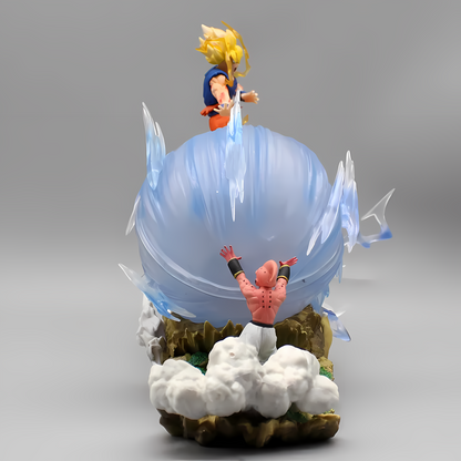 Front view of Majin Buu unleashing a massive energy ball with Super Saiyan Goku suspended above, capturing the epic confrontation from Dragon Ball.