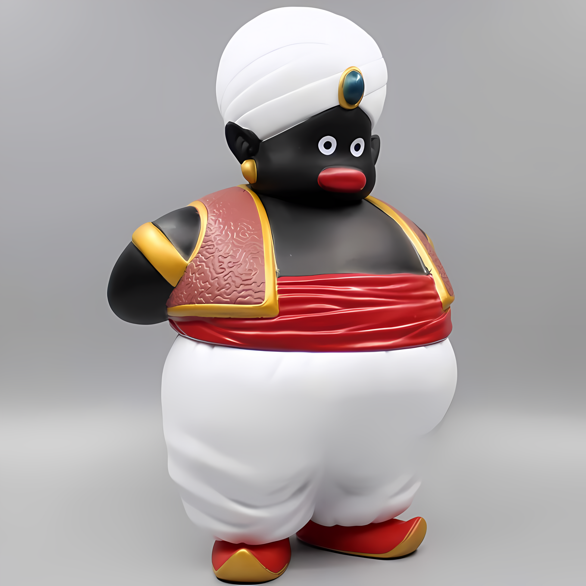 Frontal view of 'Mystical Guardian Popo' collectible figure from Dragon Ball, with focus on the white turban adorned with a blue jewel and the character's gentle smile.
