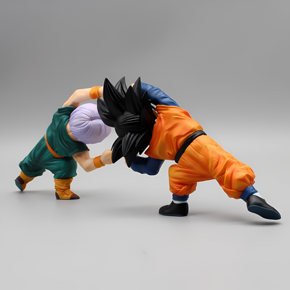 Rear view of the fusion dance Dragon Ball collectible with Goten and Trunks, emphasizing the detail of their outfits and the iconic pose of their dance.
