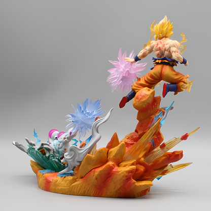 The dynamic 'Clash of Titans Goku vs. Frieza' Dragon Ball collectible displays Goku in a mid-air combat pose above a fiery explosion, while Frieza counters from below amidst sharp icy shards. The intense energy of their battle is captured in the contrast between the warm and cool colors, with detailed sculpting that brings the scene to life against a simple backdrop, focusing the viewer's attention on the action.