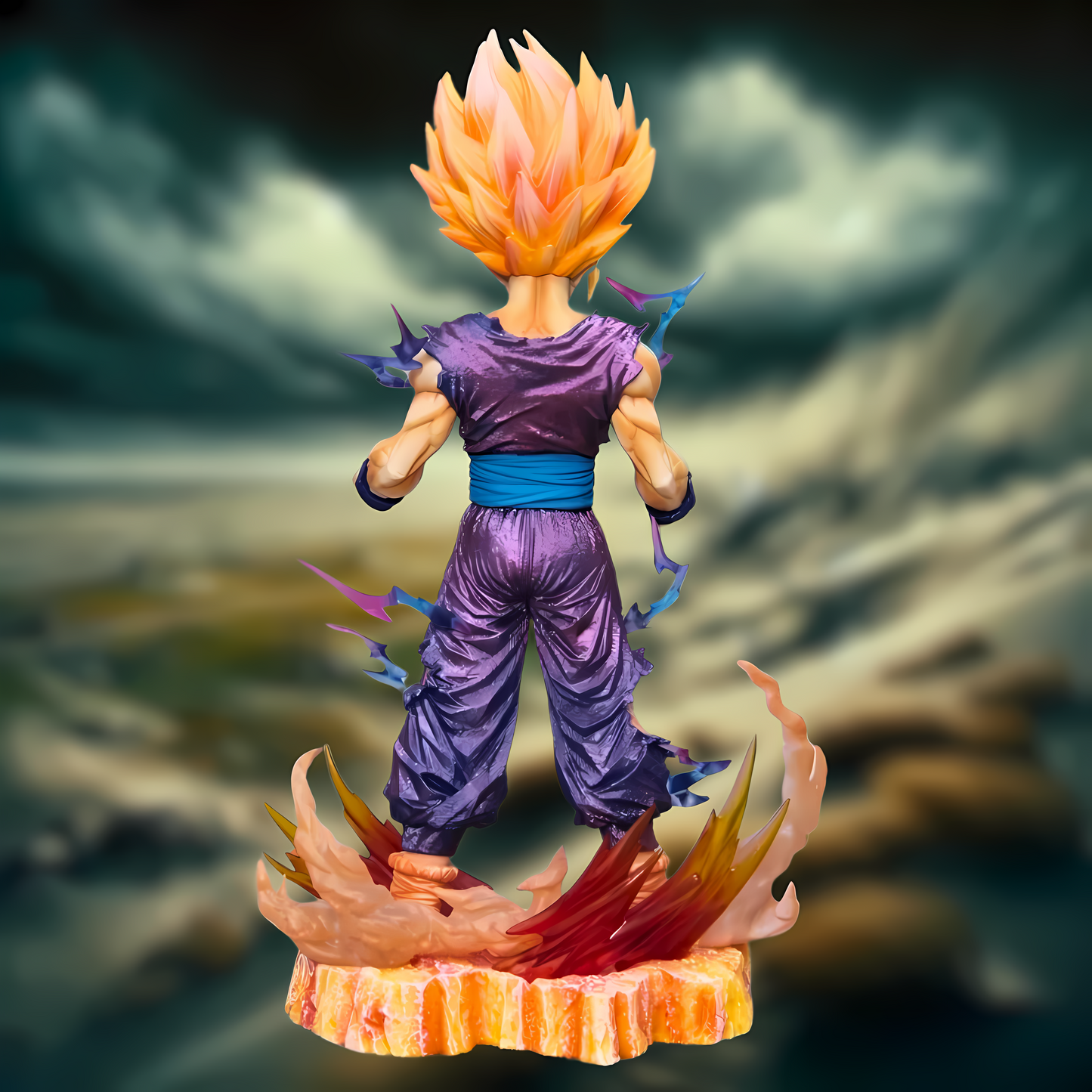 Back view of the Gohan collectible, showcasing his purple outfit and the fiery base detail, with a contrasting turbulent sky in the distance.