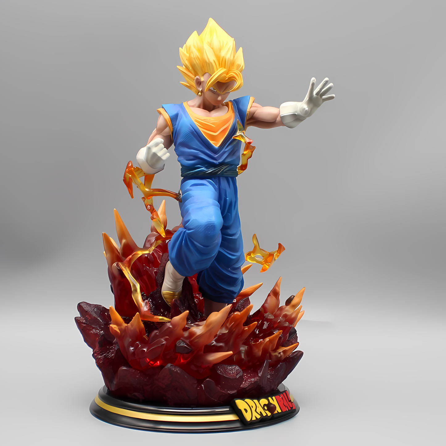 A full-frontal view of the Dragon Ball Vegetto figure, poised with a raised hand, showcasing his vibrant blue costume and electrifying aura on a fiery base.