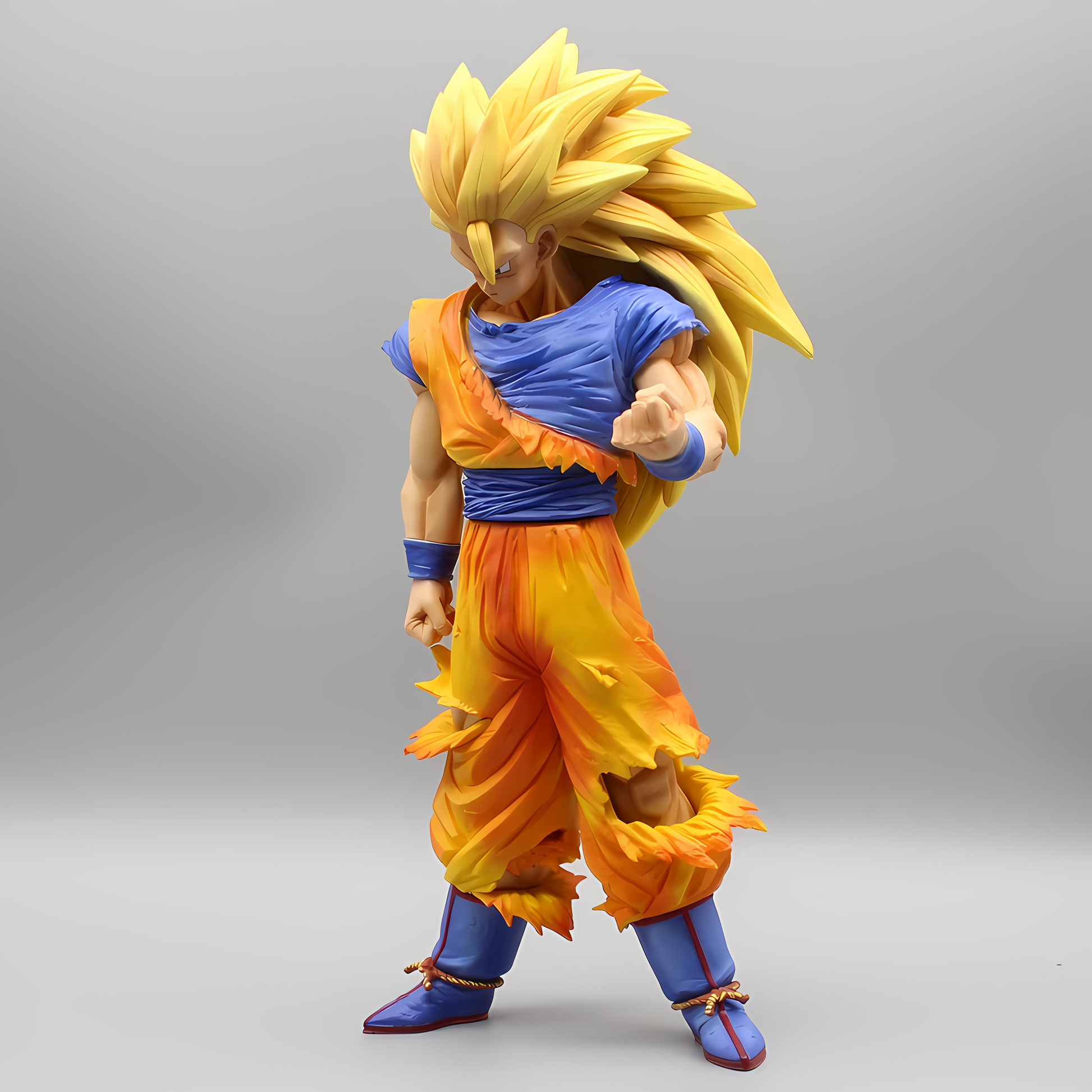 Dynamic angle of the 'Ascendant Fury Goku' figure in a combat stance, showcasing the intense facial expression and battle-damaged clothing.