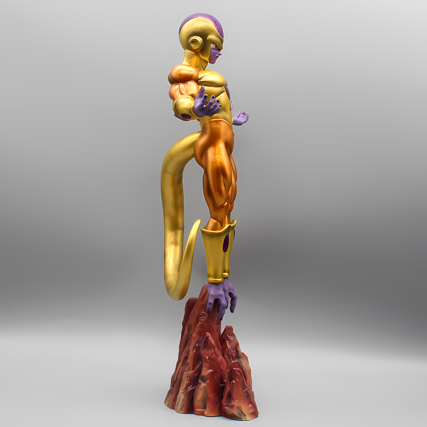 Side view of the imposing Golden Frieza collectible with a dramatic, sweeping tail, dominating the landscape atop a rugged, flame-like pedestal.