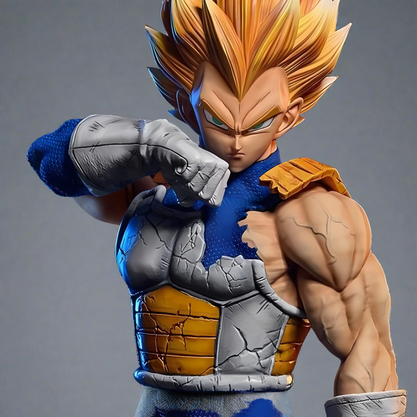 Close-up of Vegeta as a Super Saiyan, with intricate facial detailing and battle-worn armor, set against a dark smoky backdrop.