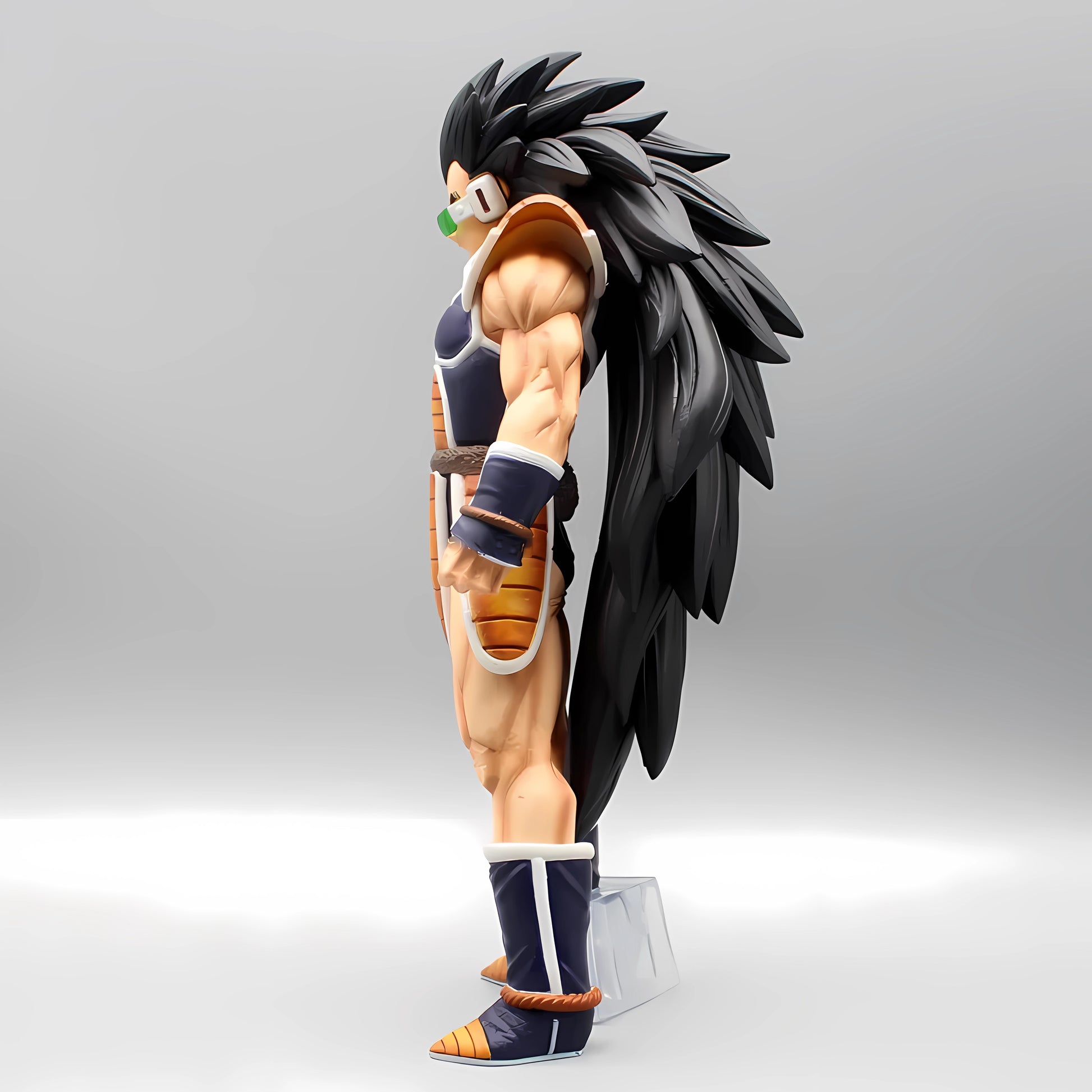 Profile view of the Raditz Dragon Ball collectible highlighting his combat stance, Saiyan armor design, and the distinctive black hair trailing behind