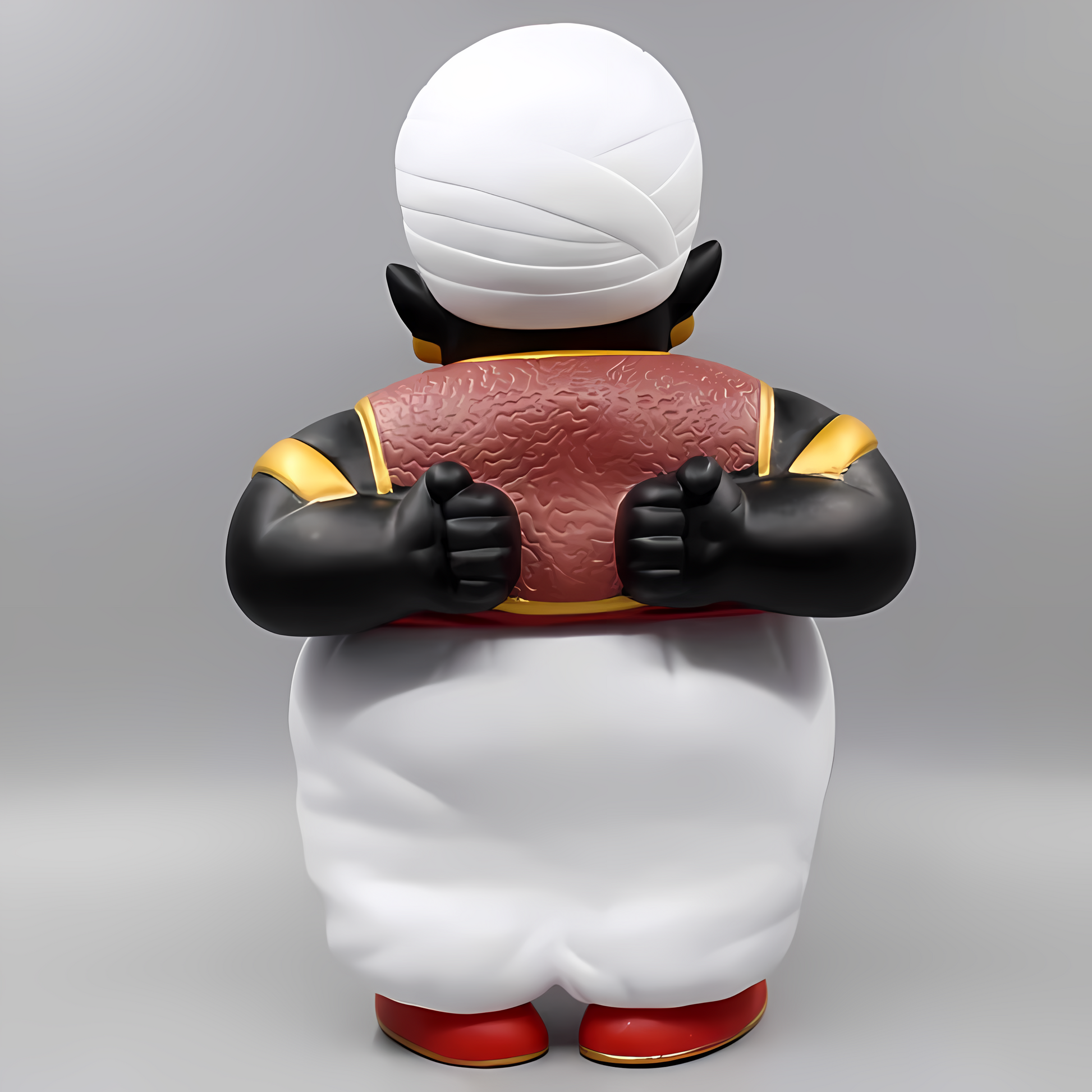 Rear view of the 'Mystical Guardian Popo' collectible figure from Dragon Ball, showcasing the intricate designs on the back of the red sash and golden shoulder armor.