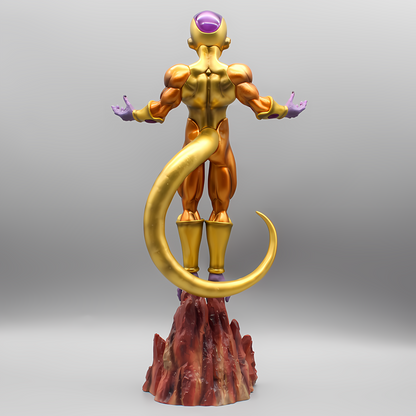 Rear perspective of the Golden Frieza Dragon Ball figure, showcasing the sleek design of his golden armor and the curve of his tail.