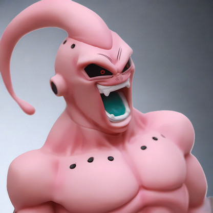Close-up of the Majin-Buu figure from Dragon Ball, showing an intense expression with his mouth open in a shout and eyes focused.