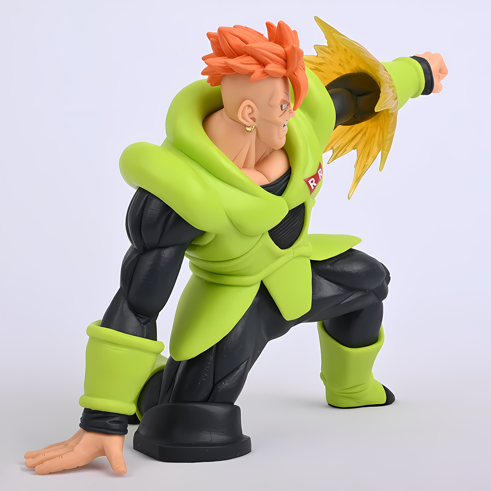 Three-quarter view of Android 16's collectible figure, highlighting his side profile, mechanical orange hair, and energy effect, all reflecting his enigmatic warrior essence.