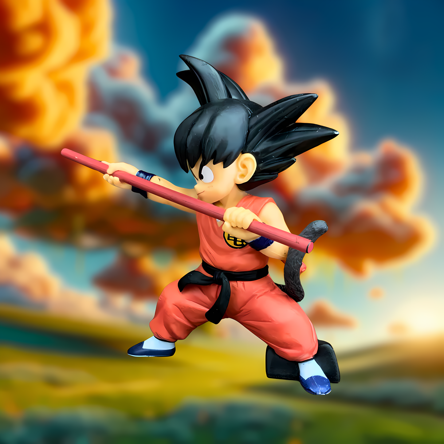 A dynamic pose of the 'Adventures Begin' Goku figure from Dragon Ball, with the iconic Power Pole, capturing the spirit of adventure against a backdrop of flames and clouds.