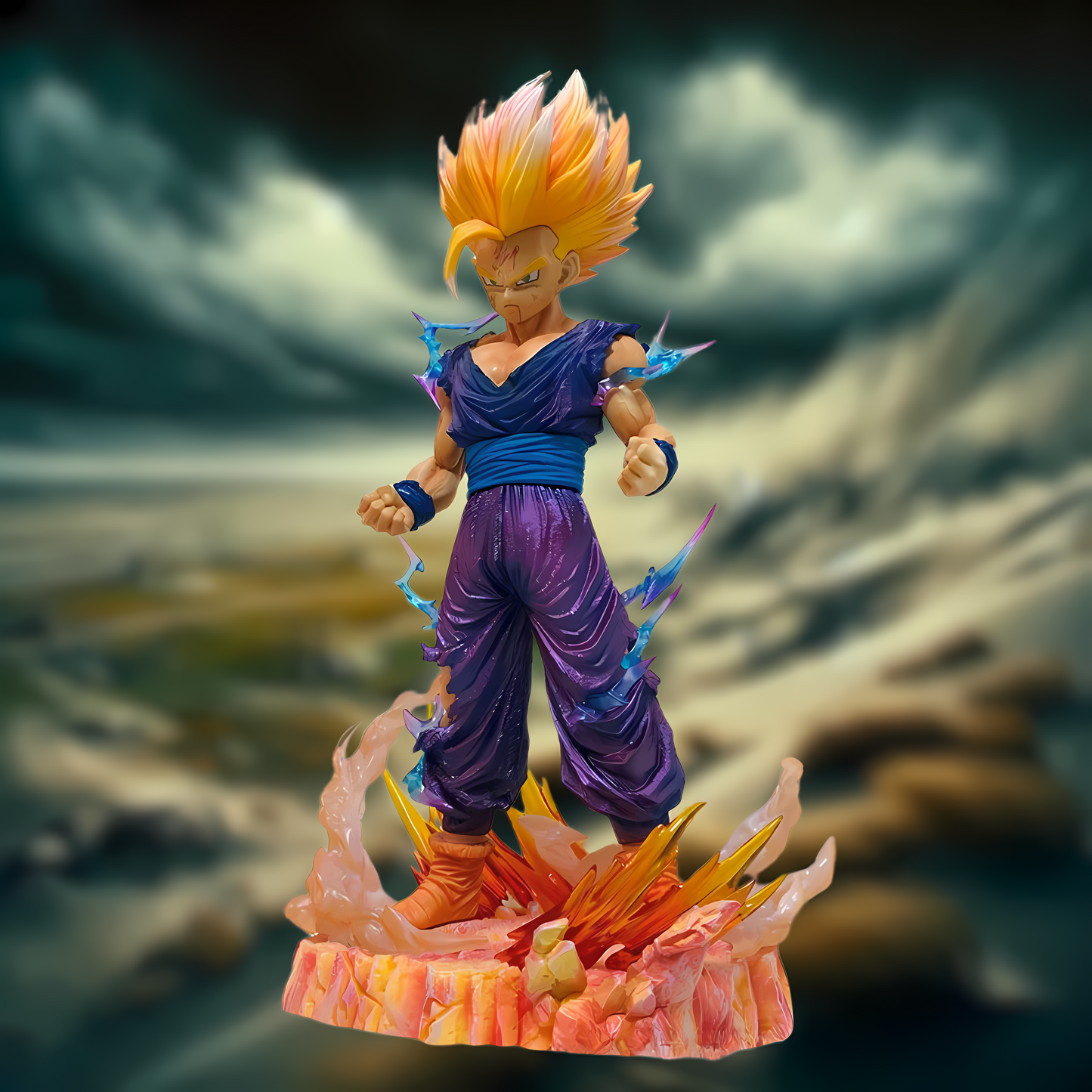 The Gohan figure in a powerful stance, energy crackling around him, demonstrating his readiness for combat, all enhanced by the swirling clouds in the backdrop.