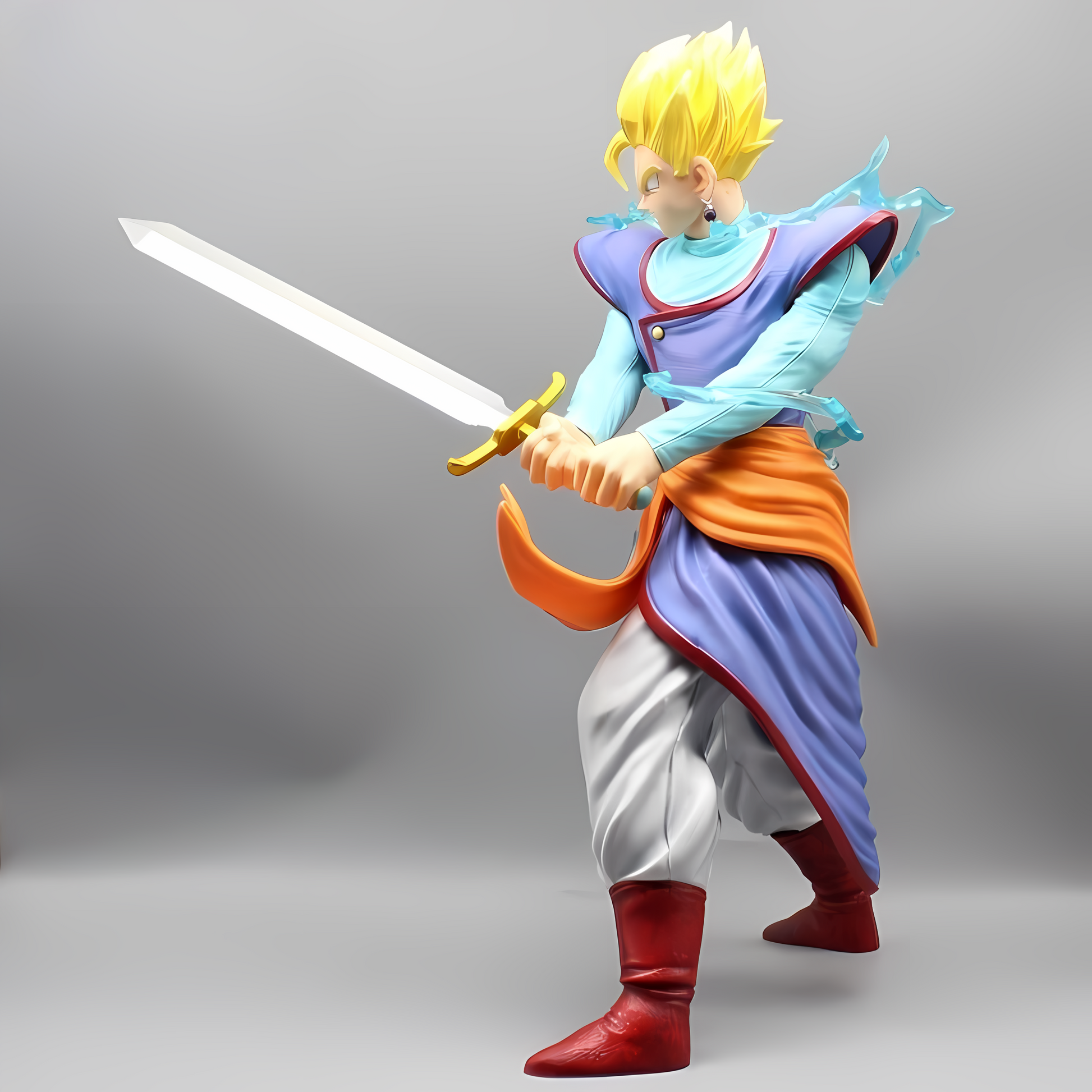 Collectible figure of Legendary Super Saiyan Gohan in a poised stance with a silver sword, from the Dragon Ball series, against a grey background.
