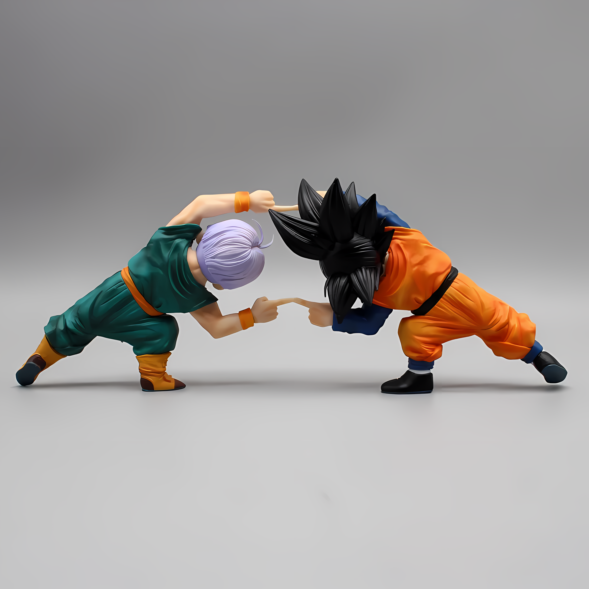 Energetic Dragon Ball collectible figures of Goten and Trunks engaging in the iconic fusion dance with vibrant enthusiasm against an interstellar space background.
