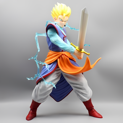 Dragon Ball collectible of Gohan as a Super Saiyan, ready for battle with electric blue aura, showcasing intricate details of his costume and accessories.