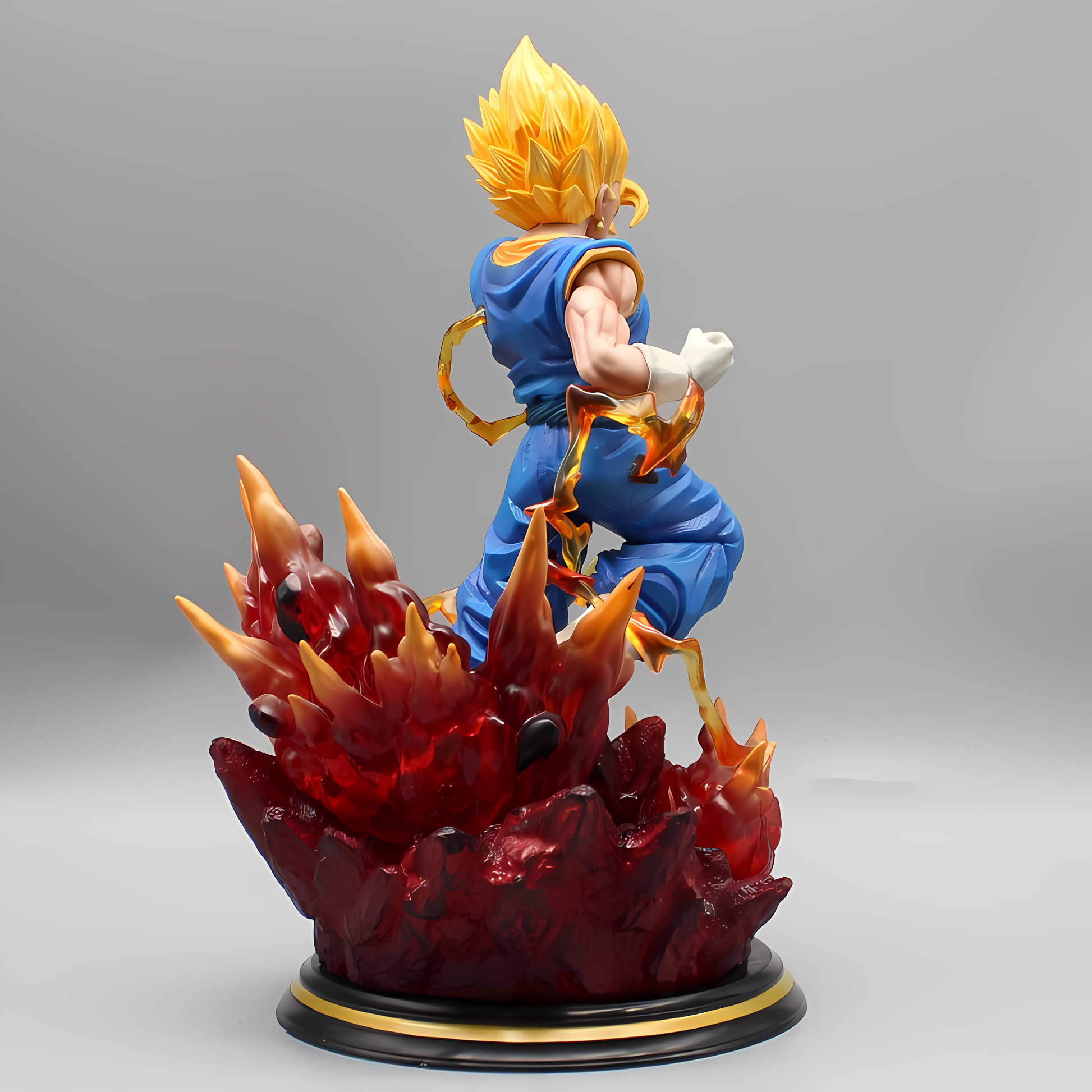 Rear perspective of Vegetto's collectible figure, emphasizing his muscular build and the Super Saiyan energy surrounding him, set upon a base of bursting flames.