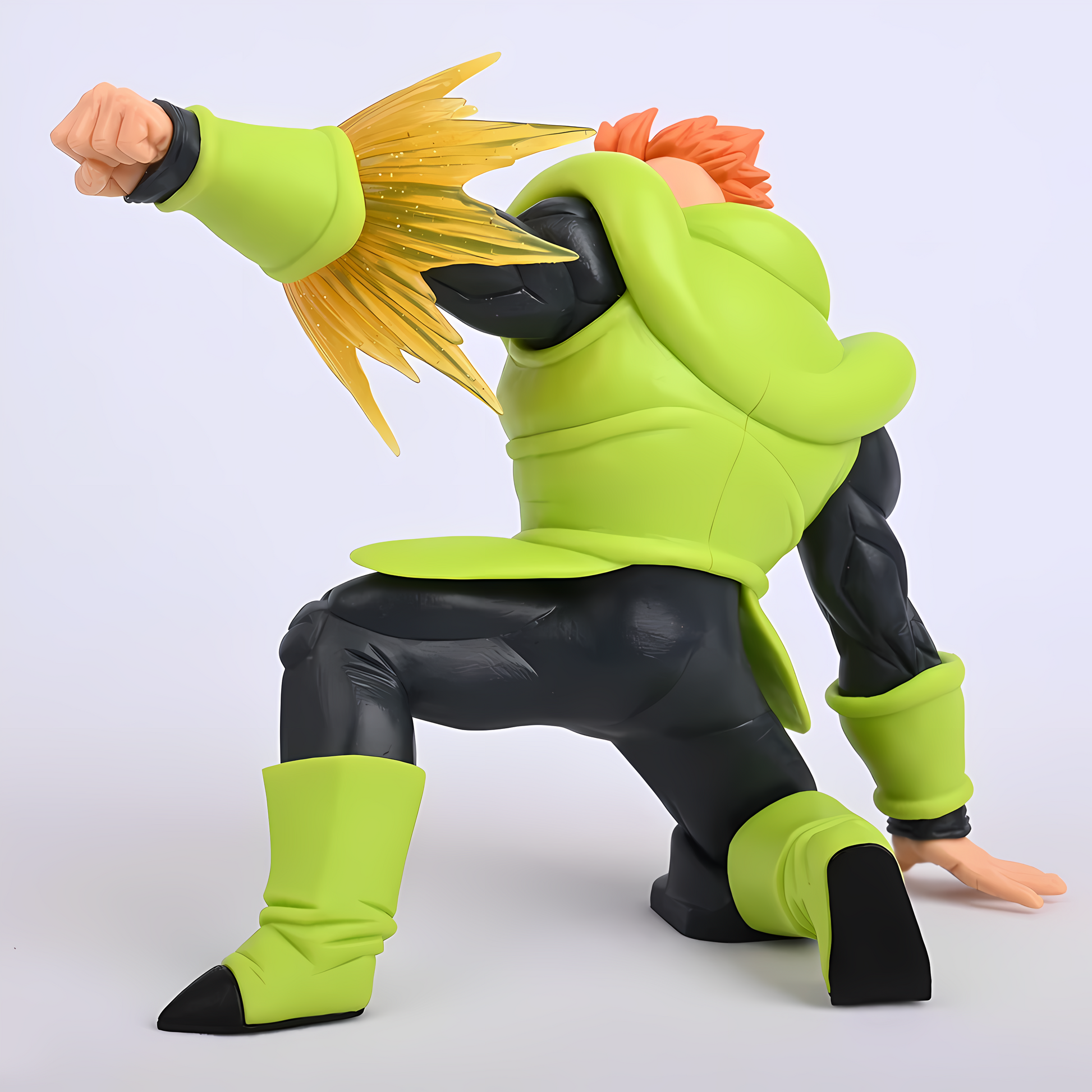 Rear angle of the Android 16 action figure, focusing on the golden energy effect from his arm and the detailed sculpting of his green jacket and dark pants.