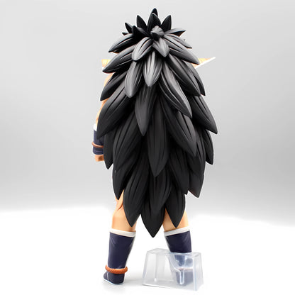 Back view of the Raditz figure from Dragon Ball, emphasizing his voluminous black hair and the solid stance of a Saiyan warrior
