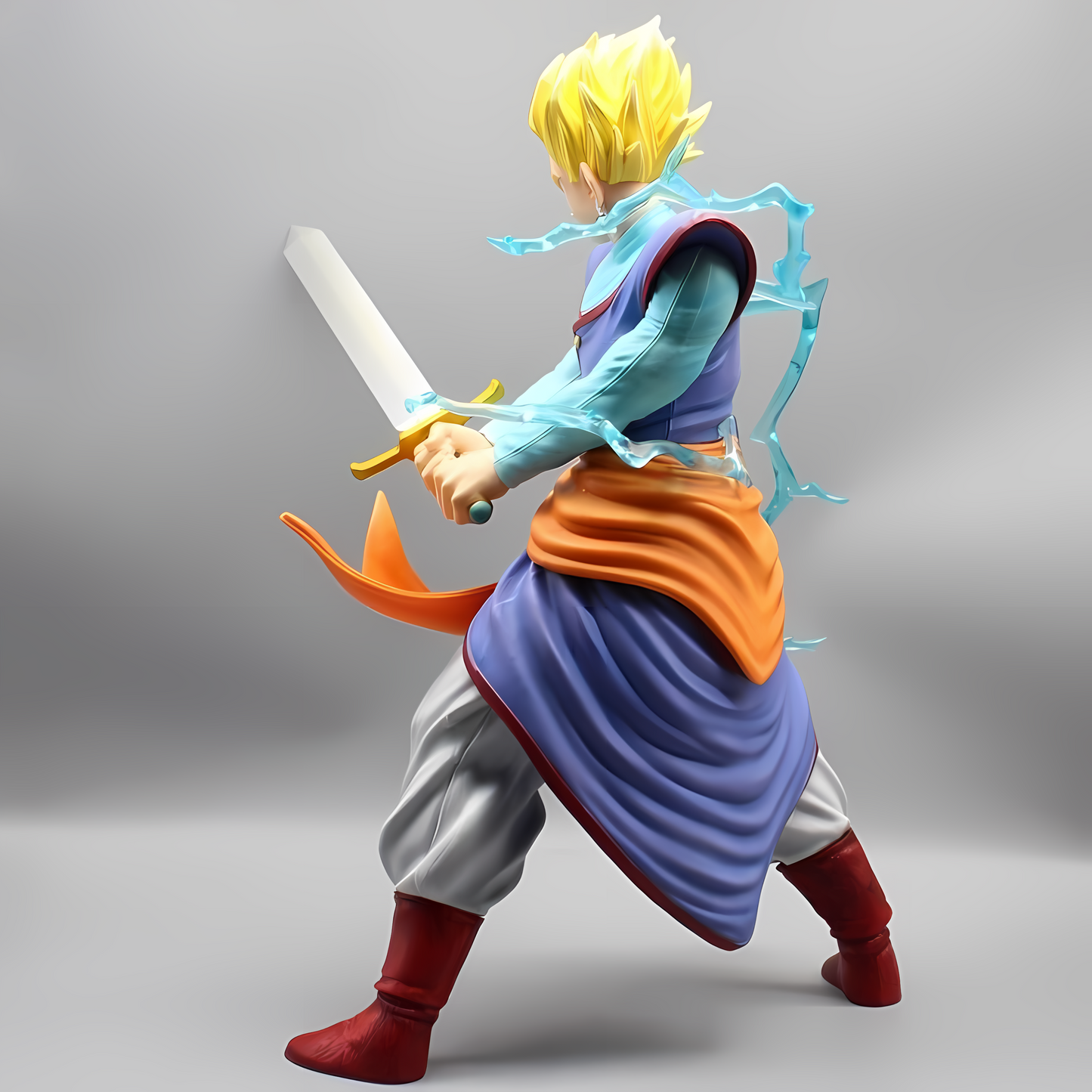 Side profile of a Dragon Ball figure capturing Super Saiyan Gohan mid-swing with his blade, displaying dynamic motion and vibrant colors.