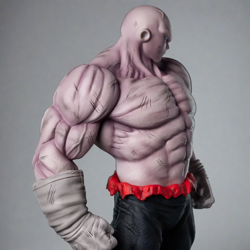 Close-up of a Dragon Ball Super Jiren action figure with detailed musculature, clenched fist, and a focused expression, designed for collectors and fans of the anime series.