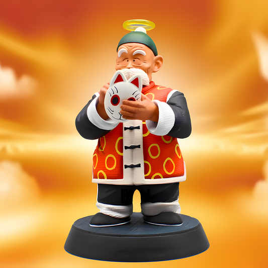 A collectible figure of Master Roshi from Dragon Ball, depicted as a playful and stylized statue, holding a maneki-neko (lucky cat) charm, isolated on a grey background for enthusiasts of Dragon Ball figures.