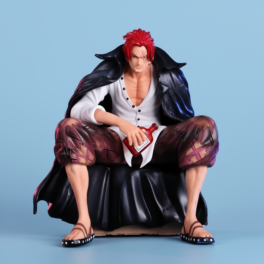 ed-Haired Shanks anime figure sitting with bottle – front view