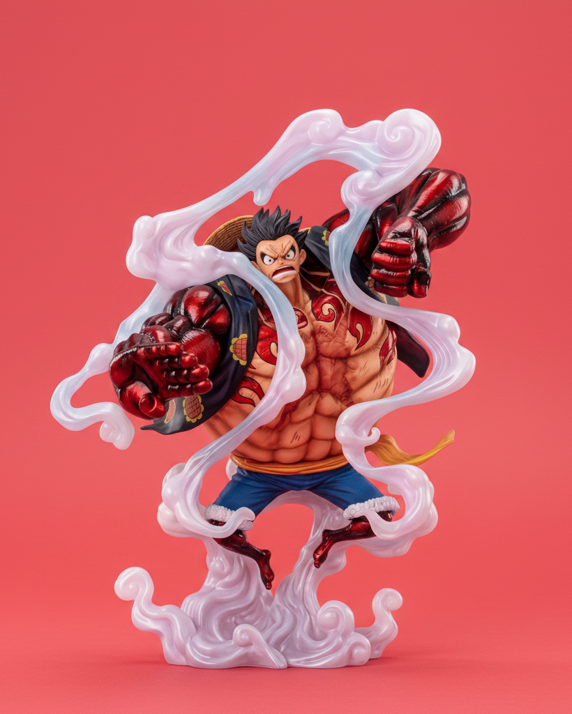 A detailed collectible figurine of the character Luffy from One Piece, depicted in a dynamic pose with his arms raised, surrounded by translucent pink and white energy swirls. The figure features red and black armored sleeves, a muscular torso, blue pants, and a matching pink and white cloud-like base, set against a plain light gray background.