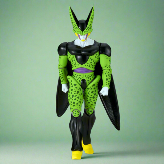 Action figure with green and black costume on a light green background