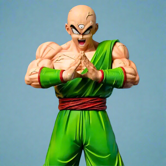 Action figure in green outfit with red accents against a blue background