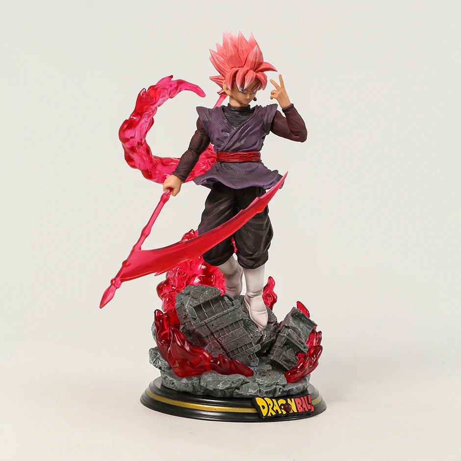 The Dragon Ball collectible 'Black Goku Rises' showcases Goku Black in his Super Saiyan Rose form, executing a poised stance with his energy sword. The vivid red energy effects swirl around him, set against a base that captures the destruction of battle. This detailed statue includes the DRAGON BALL series logo on the base, highlighting its anime heritage.
