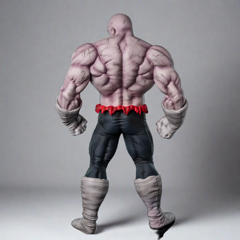 Rear view of a Dragon Ball Super Jiren action figure, highlighting the detailed muscle definition and the distinctive red waistband of his costume, an essential piece for any Dragon Ball collector's showcase.