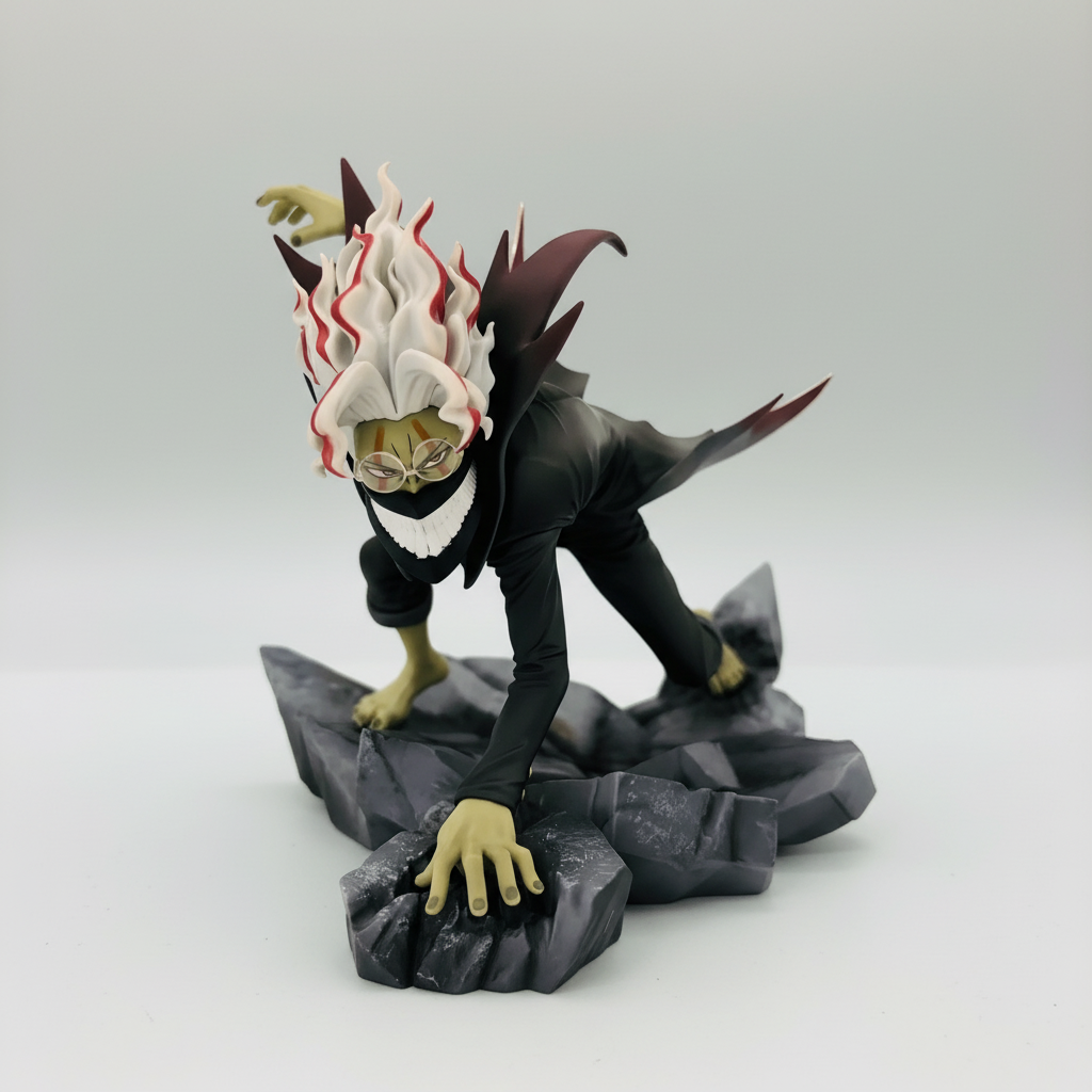 Takakura Ken figure top view – white hair, black suit, rocky base