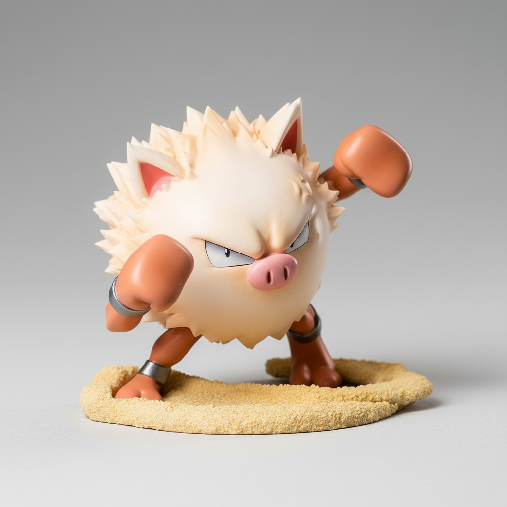 Front view of Primeape anime figure with clenched fists and intense expression, standing on sandy base, 7cm PVC collectible gift.