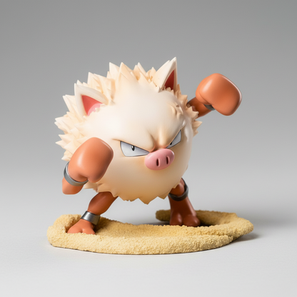 Front view of Primeape anime figure with clenched fists and intense expression, standing on sandy base, 7cm PVC collectible gift.