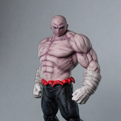 Dragon Ball Super Jiren figurine, presented from the front, with a focused expression and an imposing stance, displaying his striking musculature and signature red and gray attire, ideal for collectors of anime memorabilia.