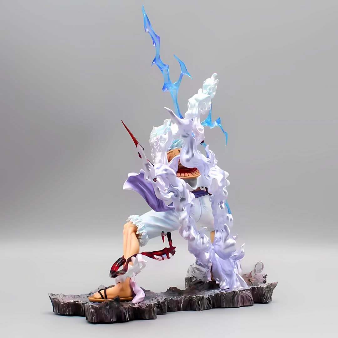 Anime figure of Luffy in Gear 5 form – swirling cloud base and lightning-infused attack.