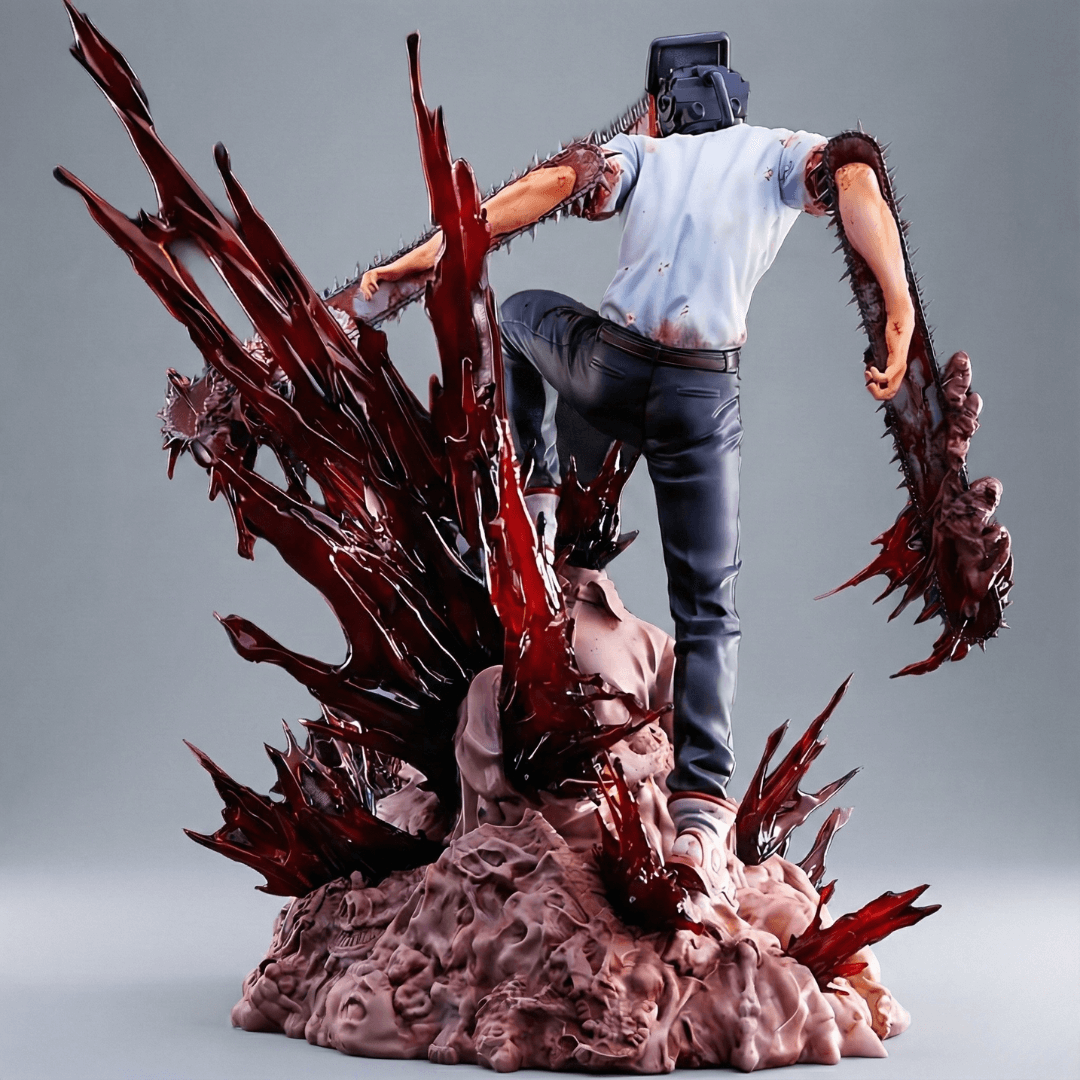 Back view of Chainsaw Man anime figure – high-quality PVC with textured base and chainsaw detail.