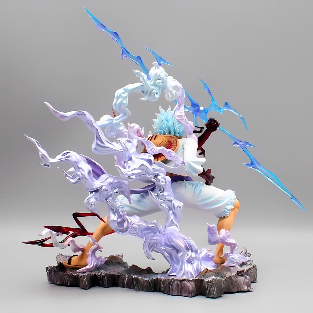 Back view of Luffy Gear 5 PVC statue – dramatic pose with flowing effects and sculpted detail.