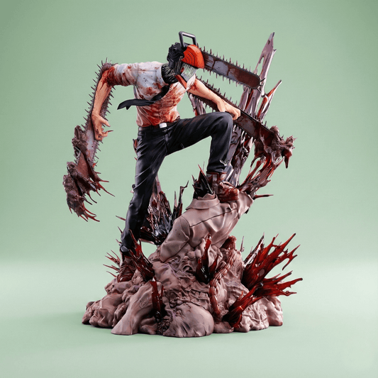 Chainsaw Man Denji anime figure mid-attack – premium PVC statue with dynamic blood effect base.