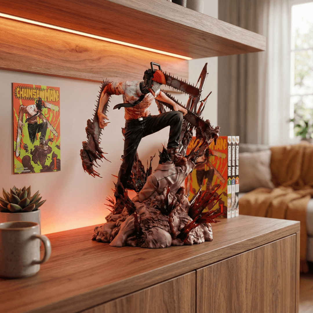 Chainsaw Man Denji figure displayed on shelf – epic centerpiece for anime figure collections.