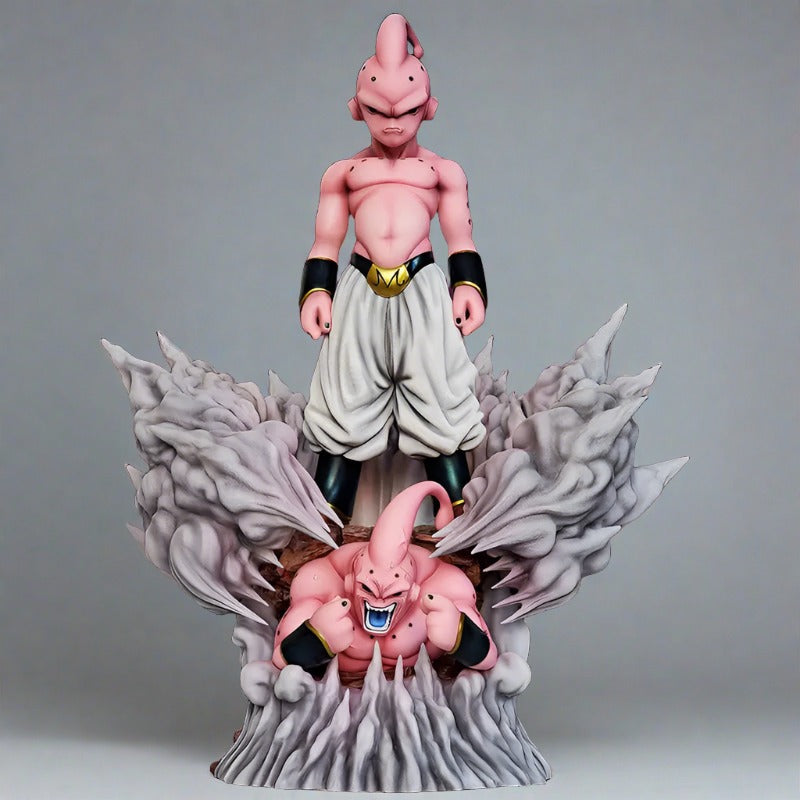 Dragon Ball collectible figure of Chaos Majin Buu standing ominously with a menacing expression, atop a burst of white smoke and debris, with a smaller, angrier version of Buu emerging below him in a dark and red menacing background.
