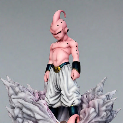 Close up of Dragon Ball collectible figure of Chaos Majin Buu standing ominously with a menacing expression, atop a burst of white smoke and debris, with a smaller, angrier version of Buu emerging below him in a dark and red background.