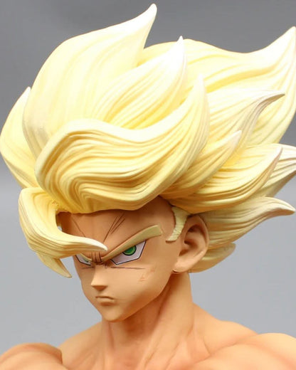 Close-up of Goku's face in Super Saiyan form – intense expression and spiky golden hair.