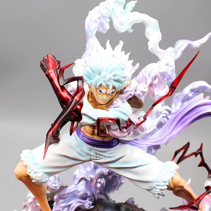 Close-up of Luffy Gear 5 face and arm – detailed expression and anime-accurate lightning effects.