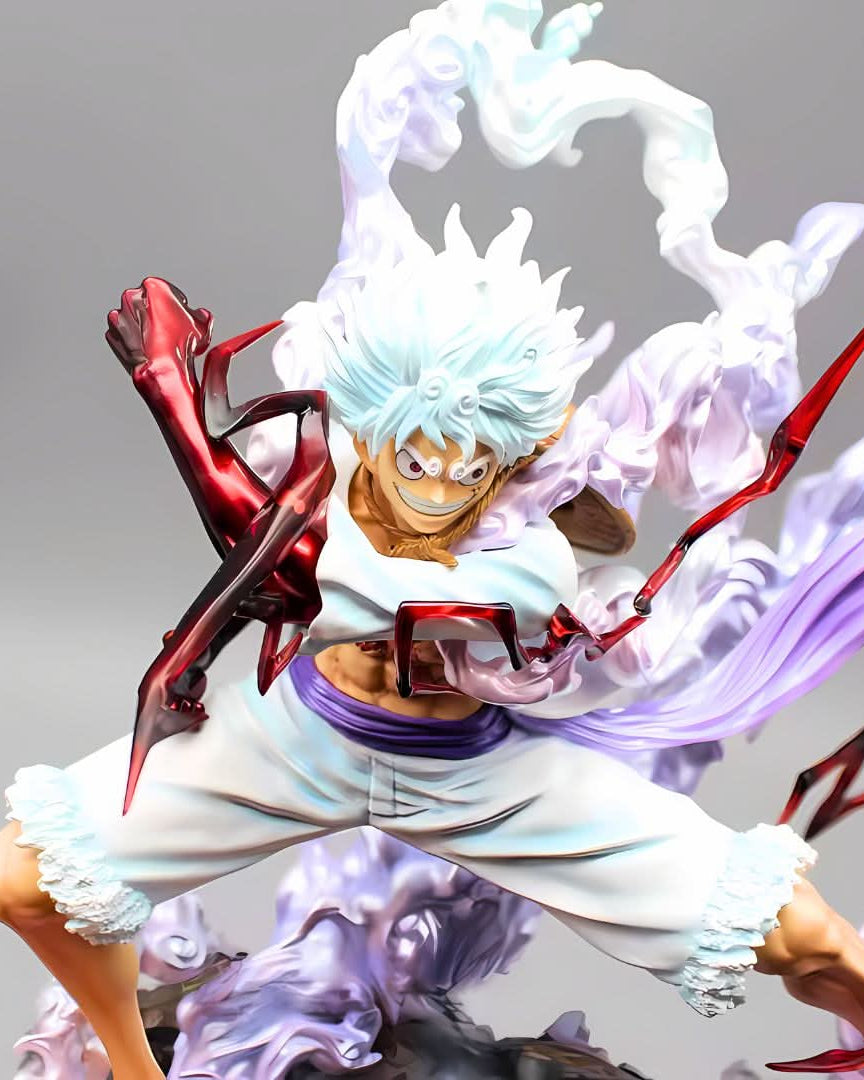 Close-up of Luffy Gear 5 face and arm – detailed expression and anime-accurate lightning effects.