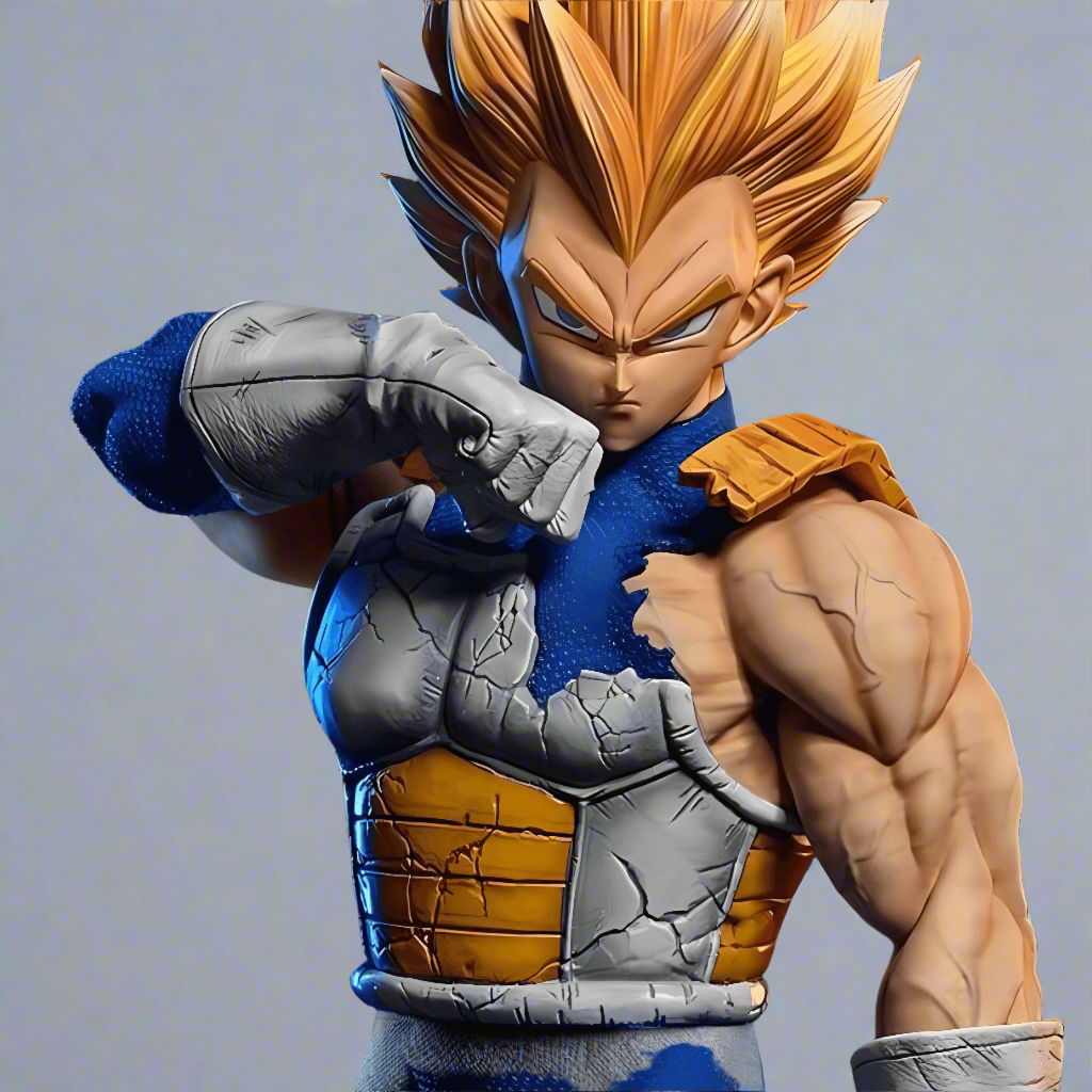 Close-up of Vegeta as a Super Saiyan, with intricate facial detailing and battle-worn armor, set against a dark smoky backdrop.